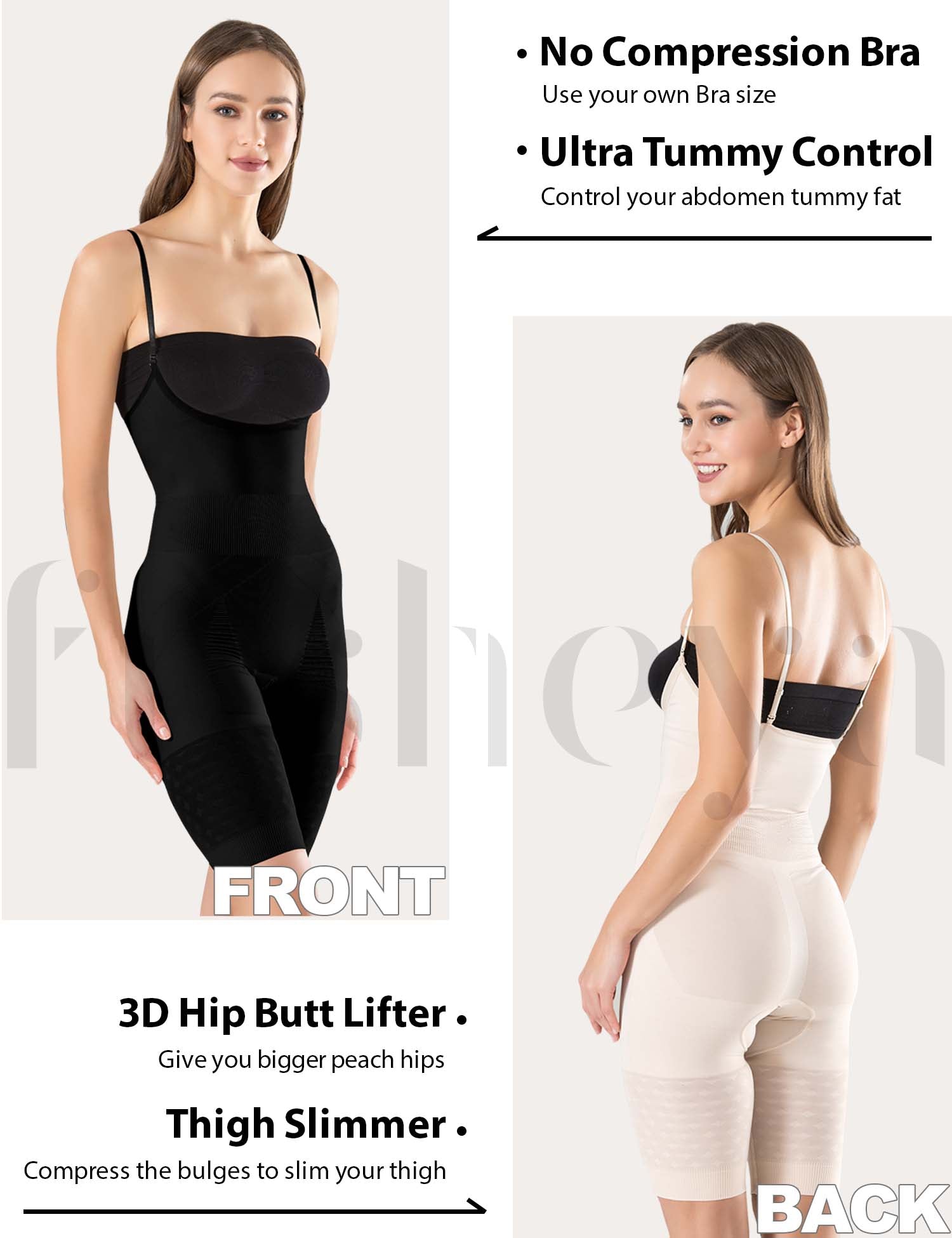 Full Body Shaper Bodysuit Seamless Shapewear for Women front and back